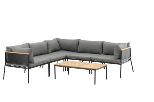 Loungegrupp Utomhus - Venture Home Nettan Hörnsoffa 5 Moduler + Soffbord Svart/Grå/Natur inkl. dynor
