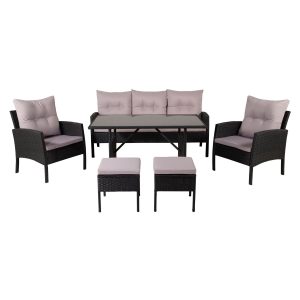 Loungegrupp Utomhus - Venture Home Knock Soffa 3-sits + 2 Fåtöljer + 2 Sittpallar + Soffbord Svart/Grå inkl. dynor
