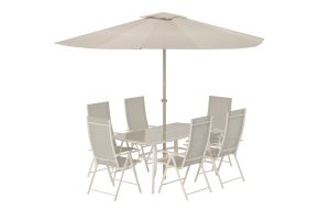 Matgrupp Utomhus - Venture Home Brekki Matbord 90x150 + 6 Matstolar Beige inkl. parasoll
