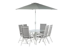 Matgrupp Utomhus - Venture Home Brekki Matbord 90x150 Vit + 6 Matstolar Vit inkl. parasoll