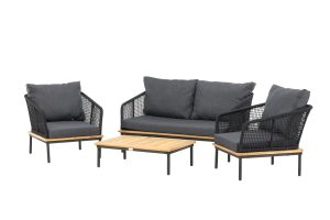 Loungegrupp Utomhus - Venture Home Andorra Soffa 2-sits + 2 Fåtöljer + Soffbord Svart/Natur/Grå inkl. dynor