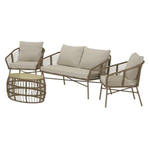 Loungegrupp Utomhus - Venture Home Lipari Soffa 2-sits + 2 Fåtöljer + Soffbord Beige/Natur inkl. dynor