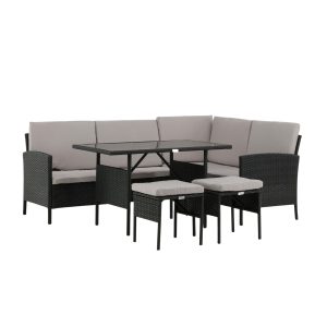 Loungegrupp Utomhus - Venture Home Knock Hörnsoffa 4-sits + 2 Sittpallar + Soffbord Svart/Grå inkl. dynor