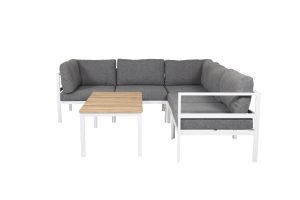 Loungegrupp Utomhus - Venture Home Copacabana Hörnsoffa 5 Moduler + Brasilia Soffbord Vit/Grå/Natur inkl. dynor