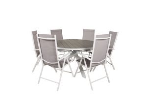 Matgrupp Utomhus - Venture Home Parma Runt Matbord Ø140 Vit/Grå + 6 Break Positionsstolar Vit/Grå