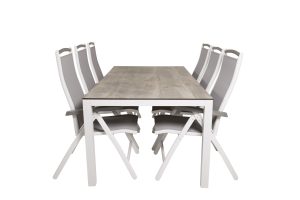 Matgrupp Utomhus - Venture Home Llama Matbord 205x100 Vit/Grå + 6 Albany Positionsstolar Vit/Grå