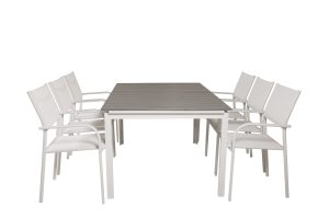 Matgrupp Utomhus - Venture Home Levels Matbord 160/240x100 Vit/Grå + 6 Santorini Karmstolar Vit