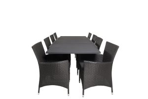 Matgrupp Utomhus - Venture Home Marbella Matbord 160/240x100 Svart + 8 Knick Karmstolar Svart inkl. dynor