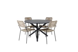 Matgrupp Utomhus - Venture Home Alma Runt Matbord Ø120 Svart + 4 Lindos Karmstolar Svart/Brun