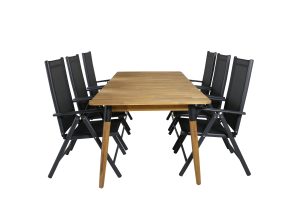 Matgrupp Utomhus - Venture Home Julian Matbord 210x100 Natur + 6 Break Positionsstolar Svart