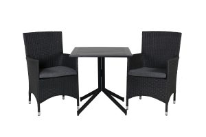 Matgrupp Utomhus - Venture Home Way Cafébord 70x70 Svart + 2 Malin Karmstolar Svart/Grå inkl. dynor