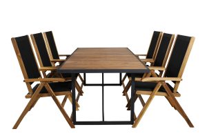 Matgrupp Utomhus - Venture Home Khung Matbord 200x100 Svart/Natur + 6 Little John Matstolar Svart/Natur