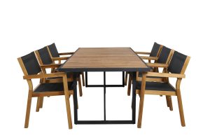 Matgrupp Utomhus - Venture Home Khung Matbord 200x100 Svart/Natur + 6 Venice Karmstolar Svart/Natur