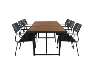 Matgrupp Utomhus - Venture Home Khung Matbord 200x100 Svart/Natur + 6 Nickel Karmstolar Svart inkl. dynor