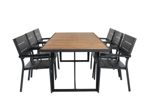 Matgrupp Utomhus - Venture Home Khung Matbord 200x100 Svart/Natur + 6 Levels Karmstolar Svart
