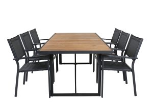 Matgrupp Utomhus - Venture Home Khung Matbord 200x100 Svart/Natur + 6 Copacabana Matstolar Svart