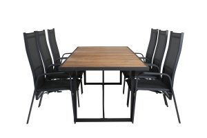 Matgrupp Utomhus - Venture Home Khung Matbord 200x100 Svart/Natur + 6 Copacabana Positionsstolar Svart