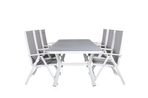 Matgrupp Utomhus - Venture Home Virya Matbord 200x100 Vit/Grå + 6 Break Positionsstolar Vit/Grå