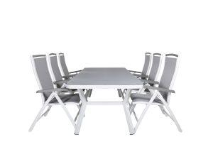 Matgrupp Utomhus - Venture Home Virya Matbord 200x100 Vit/Grå + 6 Albany Positionsstolar Vit/Grå