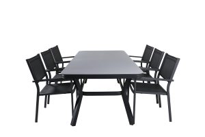 Matgrupp Utomhus - Venture Home Virya Matbord 200x100 Svart/Grå + 6 Copacabana Karmstolar Svart
