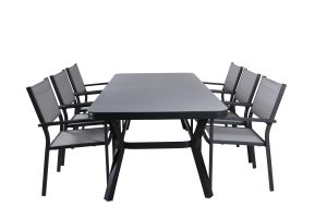 Matgrupp Utomhus - Venture Home Virya Matbord 200x100 Svart/Grå + 6 Copacabana Karmstolar Svart/Grå