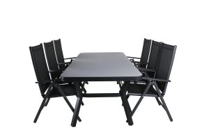 Matgrupp Utomhus - Venture Home Virya Matbord 200x100 Svart/Grå + 6 Break Positionsstolar Svart
