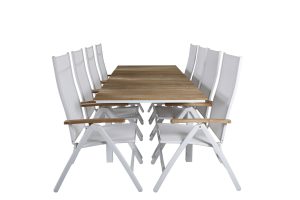 Matgrupp Utomhus - Venture Home Mexiko Matbord 180/240x90 Vit/Natur + 8 Panama Positionsstolar Vit