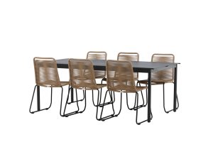Matgrupp Utomhus - Venture Home Modena Matbord 200x100 Svart + 6 Lindos Matstolar Svart/Brun