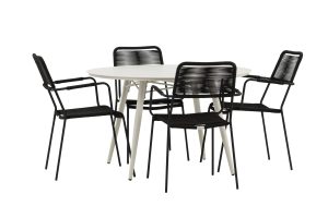 Matgrupp Utomhus - Venture Home Lina Runt Matbord Ø120 Beige + 4 Lindos Karmstolar Svart