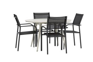 Matgrupp Utomhus - Venture Home Lina Runt Matbord Ø120 Beige + 4 Santorini Karmstolar Svart