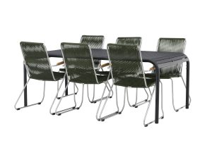 Matgrupp Utomhus - Venture Home Borneo Matbord 100x200 Svart + 6 Bois Matstolar Silver/Grön