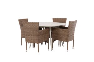 Matgrupp Utomhus - Venture Home Lina Runt Matbord Ø120 Beige + 4 Malina Matstolar Natur