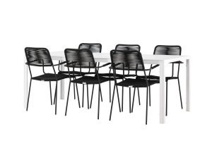 Matgrupp Utomhus - Venture Home Break Matbord 90x205 Vit + 6 Lindos Karmstolar Svart