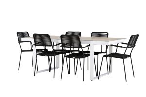 Matgrupp Utomhus - Venture Home Merlo Matbord 90x200 Vit + 6 Lindos Karmstolar Svart