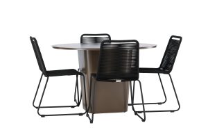 Matgrupp Utomhus - Venture Home Santa Fe Runt Matbord Ø120 Brun + 4 Lindos Matstolar Svart