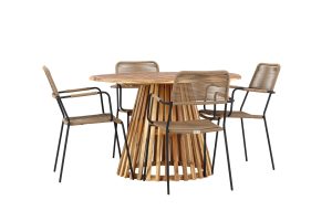 Matgrupp Utomhus - Venture Home Lumpur Runt Matbord Ø120 Natur + 4 Lindos Karmstolar Svart/Brun