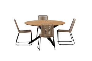 Matgrupp Utomhus - Venture Home Mexiko Runt Matbord Ø140 Svart/Natur + 4 Lindos Matstolar Svart/Beige