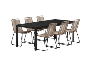 Matgrupp Utomhus - Venture Home Mirko Matbord 205x90 Svart + 6 Lindos Matstolar Svart/Beige