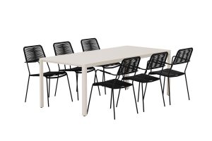 Matgrupp Utomhus - Venture Home Giardini Matbord 200x90 Beige + 6 Lindos Matstolar Svart