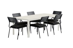 Matgrupp Utomhus - Venture Home Mirko Matbord 205x90 Beige + 6 Nicke Matstolar Svart inkl. dynor