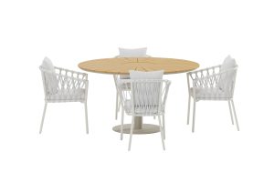 Matgrupp Utomhus - Venture Home Croft Runt Matbord Ø120 Beige/Natur + 4 Linos Matstolar Vit inkl. dynor