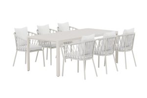 Matgrupp Utomhus - Venture Home Giardini Matbord 200x90 Beige + 6 Linos Matstolar Vit inkl. dynor