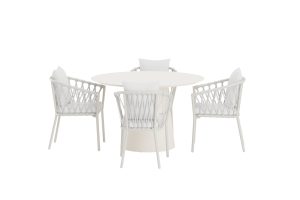 Matgrupp Utomhus - Venture Home Lanzo Runt Matbord Ø120 Beige + 4 Linos Matstolar Vit inkl. dynor