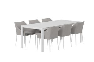 Matgrupp Utomhus - Venture Home Break Matbord 205x90 Vit + 6 Spoga Matstolar Grå inkl. dynor