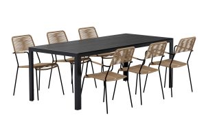 Matgrupp Utomhus - Venture Home Break Matbord 205x90 Svart + 6 Lindos Matstolar Brun