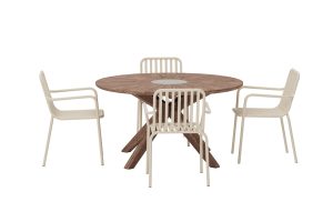 Matgrupp Utomhus - Venture Home Rosario Runt Matbord Ø140 Brun + 4 Peking Matstolar Beige