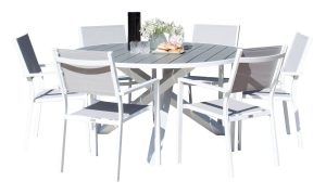 Matgrupp Utomhus - Venture Home Parma Runt Matbord Ø140 Vit/Grå + 6 Copacabana Karmstolar Vit/Grå