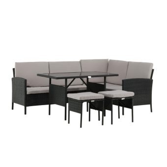 Loungegrupp Utomhus – Venture Home Knock Hörnsoffa 4-sits + 2 Sittpallar + Soffbord SvartGrå inkl. dynor