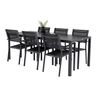 Matgrupp Utomhus - Venture Home Break Matbord 205x90 Svart + 6 Copacabana Karmstolar Svart (1)