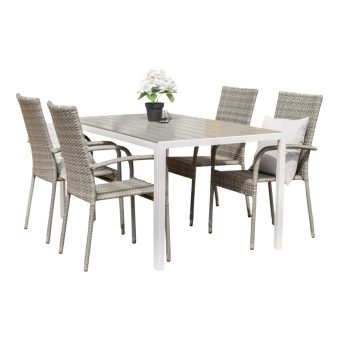 Matgrupp Utomhus - Venture Home Break Matbord 205x90 VitGrå + 4 Anna Karmstolar Grå